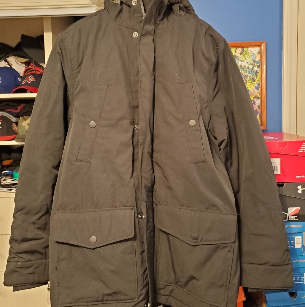 H&M black parka coat with fur hood size large